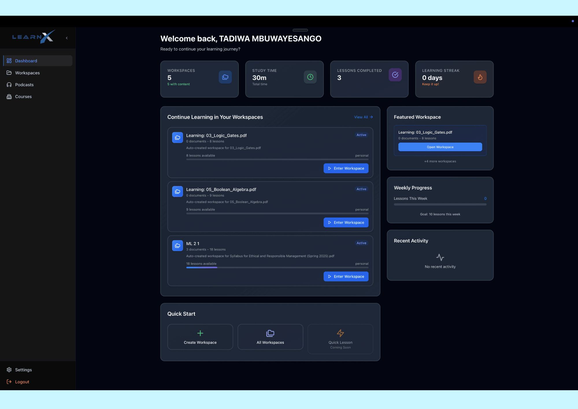LEARN-X platform dashboard showing AI-generated lessons